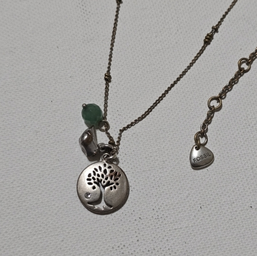 FOSSIL Tree of Life Bird Silver‎ Tone Charm Necklace